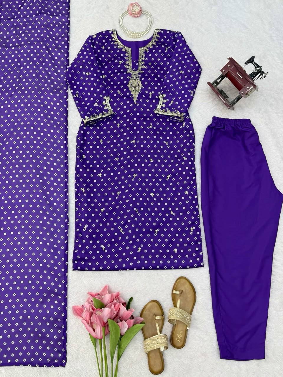 Elegant Purple Printed Kurta Set with Embellished Neckline & Matching Dupatta