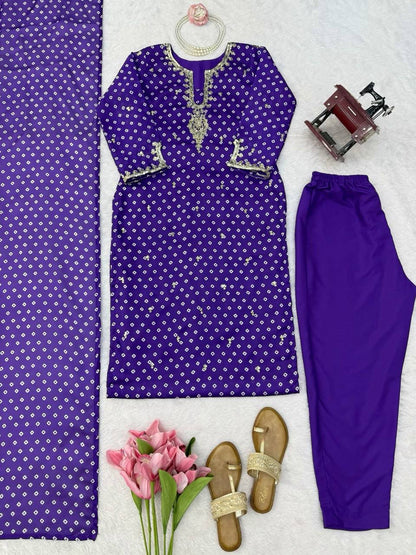 Elegant Purple Printed Kurta Set with Embellished Neckline & Matching Dupatta