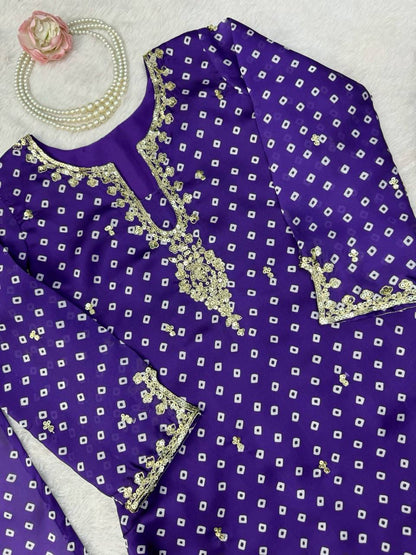 Elegant Purple Printed Kurta Set with Embellished Neckline & Matching Dupatta