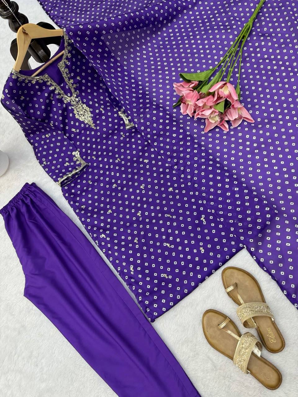 Elegant Purple Printed Kurta Set with Embellished Neckline & Matching Dupatta
