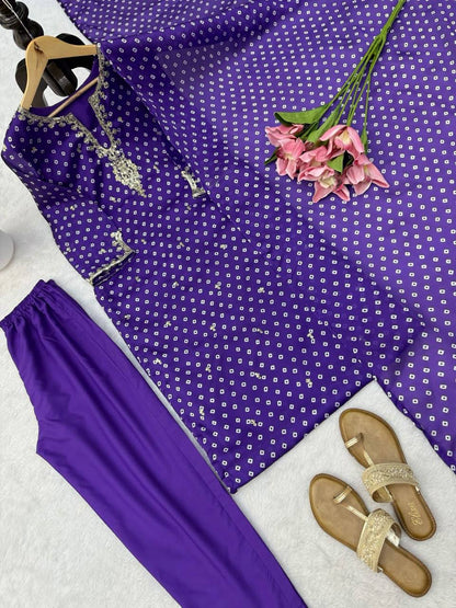 Elegant Purple Printed Kurta Set with Embellished Neckline & Matching Dupatta