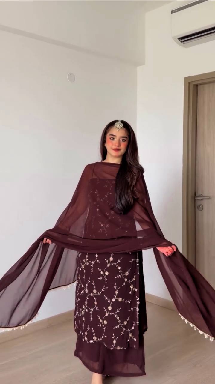Elegant Wine Embroidered Anarkali Suit Set with Dupatta