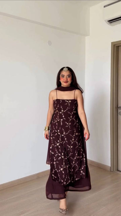 Elegant Wine Embroidered Anarkali Suit Set with Dupatta