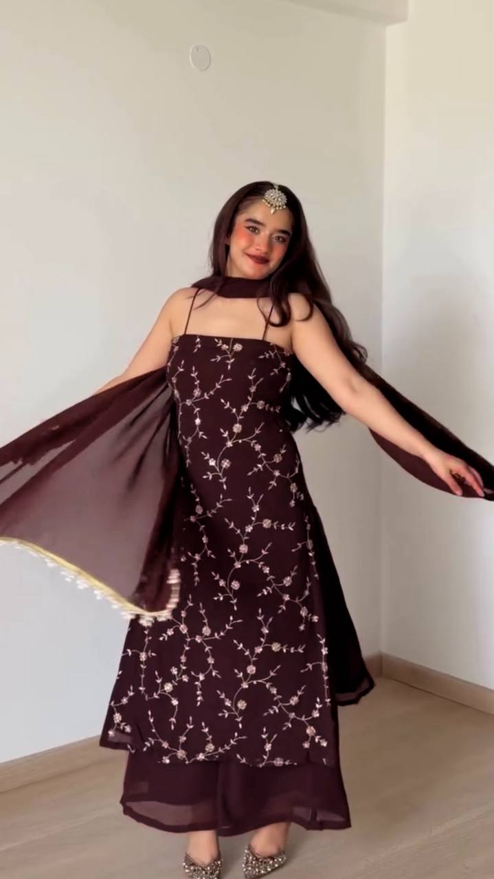 Elegant Wine Embroidered Anarkali Suit Set with Dupatta