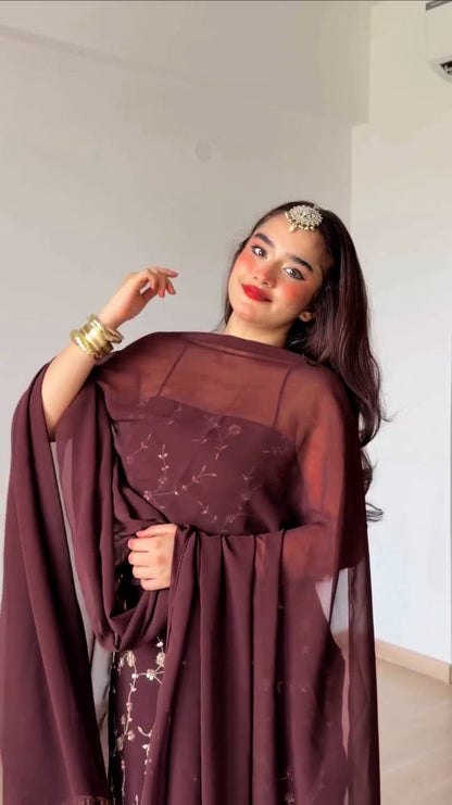 Elegant Wine Embroidered Anarkali Suit Set with Dupatta