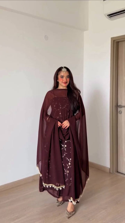 Elegant Wine Embroidered Anarkali Suit Set with Dupatta
