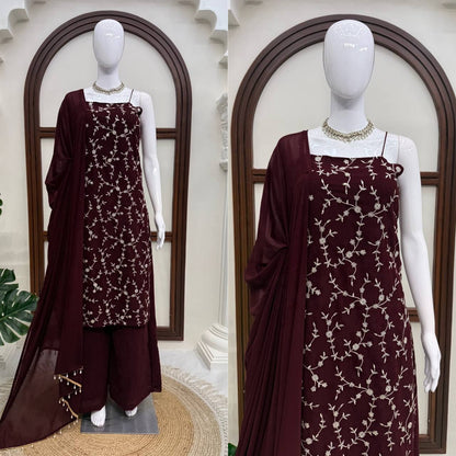 Elegant Wine Embroidered Anarkali Suit Set with Dupatta