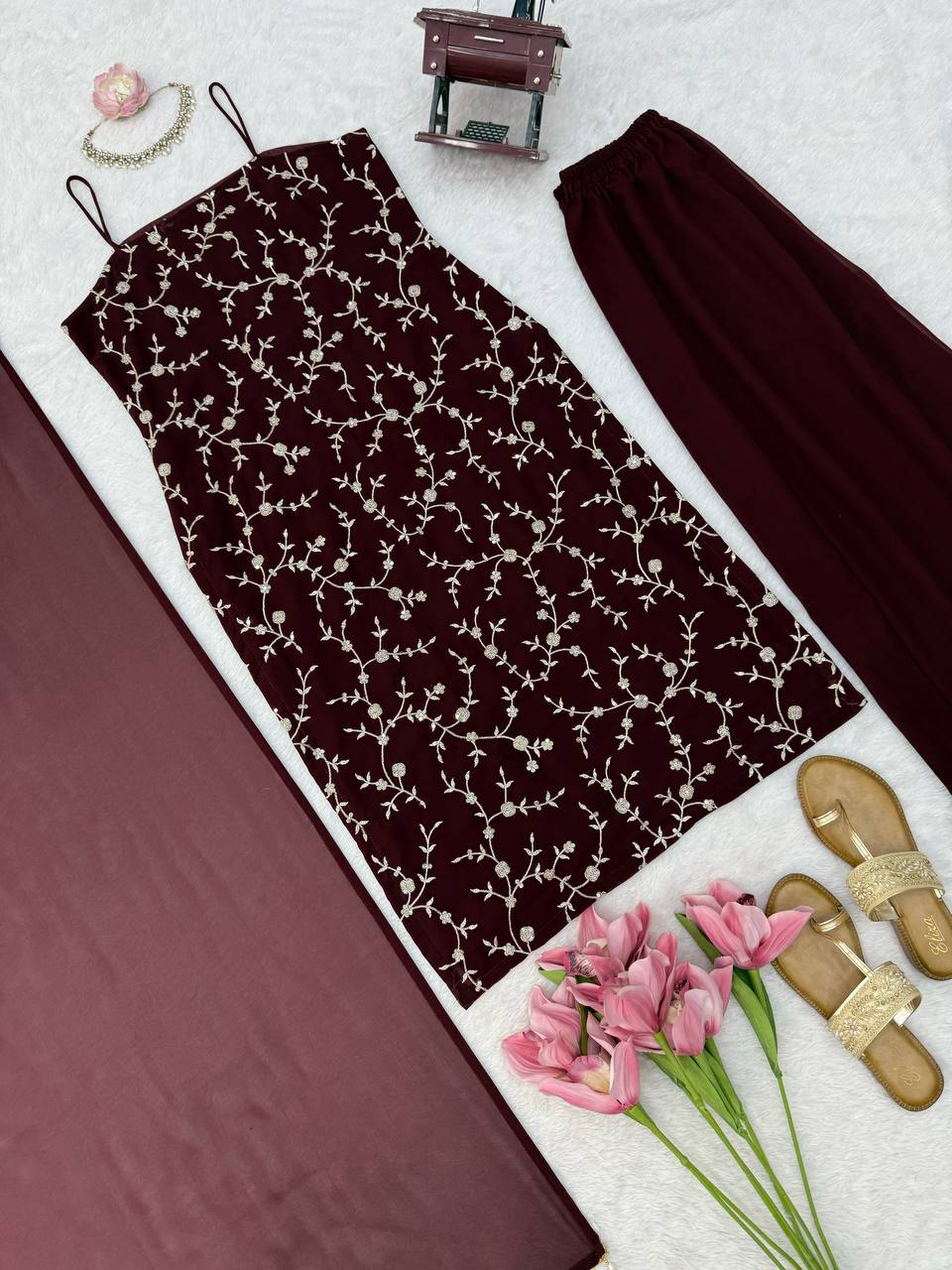 Elegant Wine Embroidered Anarkali Suit Set with Dupatta