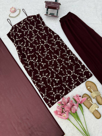 Elegant Wine Embroidered Anarkali Suit Set with Dupatta