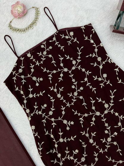 Elegant Wine Embroidered Anarkali Suit Set with Dupatta