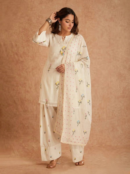 Elegant Ivory Floral Printed Kurta Palazzo Set with Dupatta