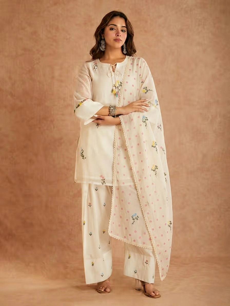 Elegant Ivory Floral Printed Kurta Palazzo Set with Dupatta