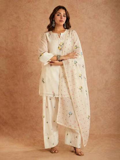 Elegant Ivory Floral Printed Kurta Palazzo Set with Dupatta