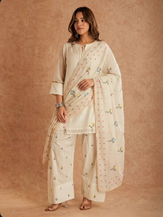Elegant Ivory Floral Printed Kurta Palazzo Set with Dupatta