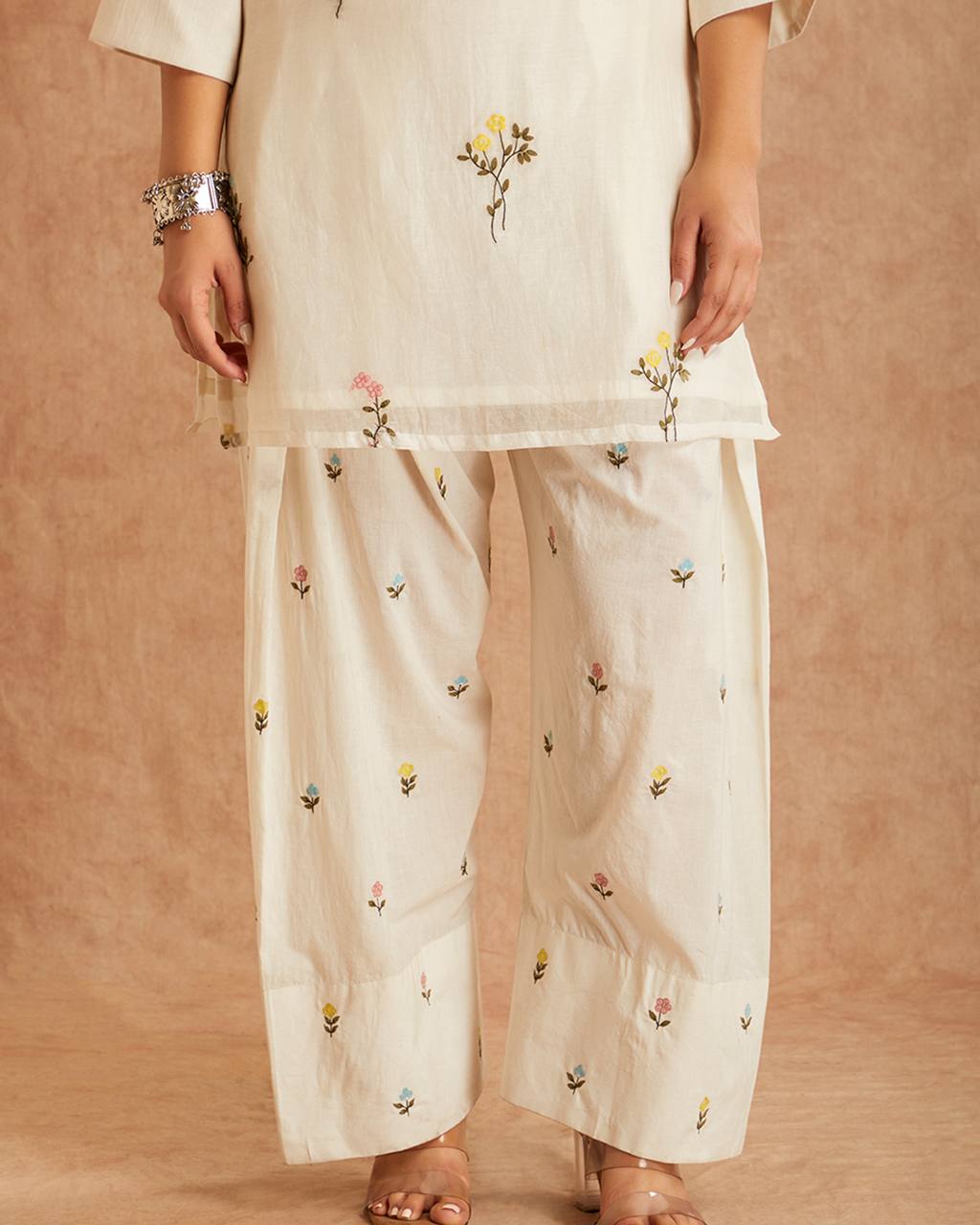 Elegant Ivory Floral Printed Kurta Palazzo Set with Dupatta