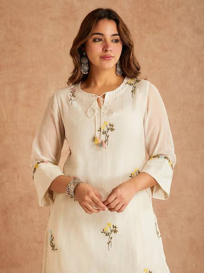 Elegant Ivory Floral Printed Kurta Palazzo Set with Dupatta