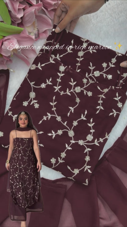 Elegant Wine Embroidered Anarkali Suit Set with Dupatta