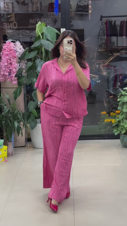 Women’s Pink Co-Ord Set – Stylish Casual Shirt & Wide-Leg Pants Set