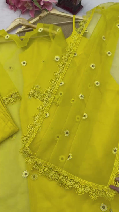 Sunshine Yellow Floral Embroidered Kurta Set with Dupatta for Women