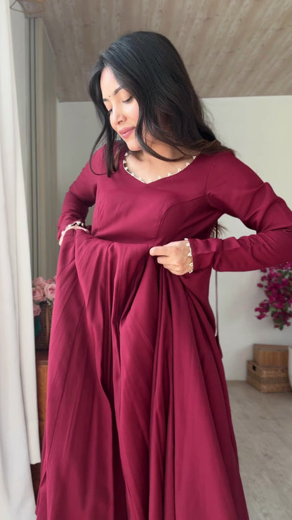 Maroon Anarkali Suit Set with Embroidered Dupatta – Elegant Festive Wear for Women