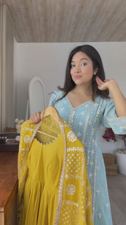 Mustard Yellow Anarkali Suit Set with Embroidered Dupatta – Festive Ethnic Wear for Women