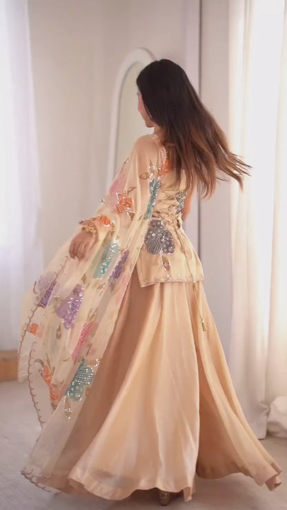 Premium Beige Floral Embroidered Palazzo Set with Organza Dupatta