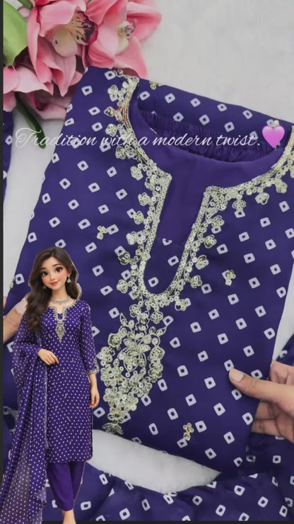 Elegant Purple Printed Kurta Set with Embellished Neckline & Matching Dupatta